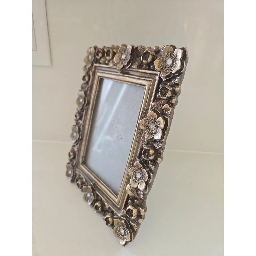 Antique Style Gold Floral Picture Frame Ornate 3D Flowers Faux Gem Accents